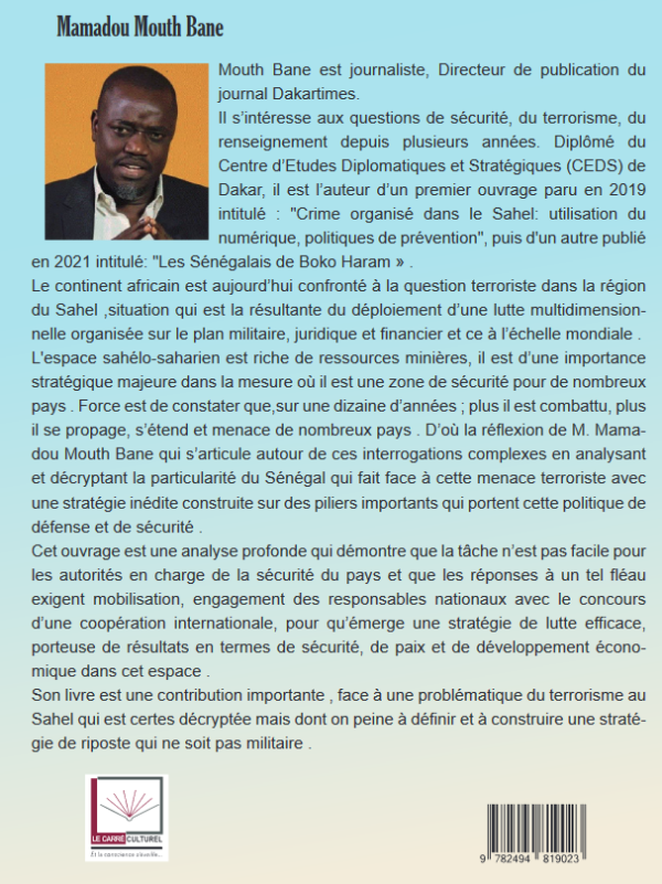 Résumé du livre 'Lutte contre le terrorisme et la criminalité au Sahel : la nouvelle stratégie du Sénégal' de Mouth Bane, une analyse sur la lutte contre le terrorisme dans le Sahel.